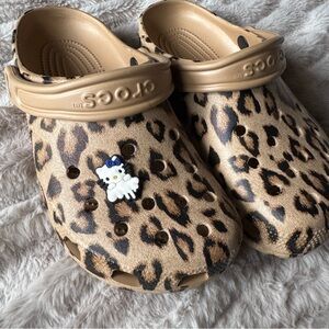 Tan Leopard Print Crocs with Hello Kitty Jibbit